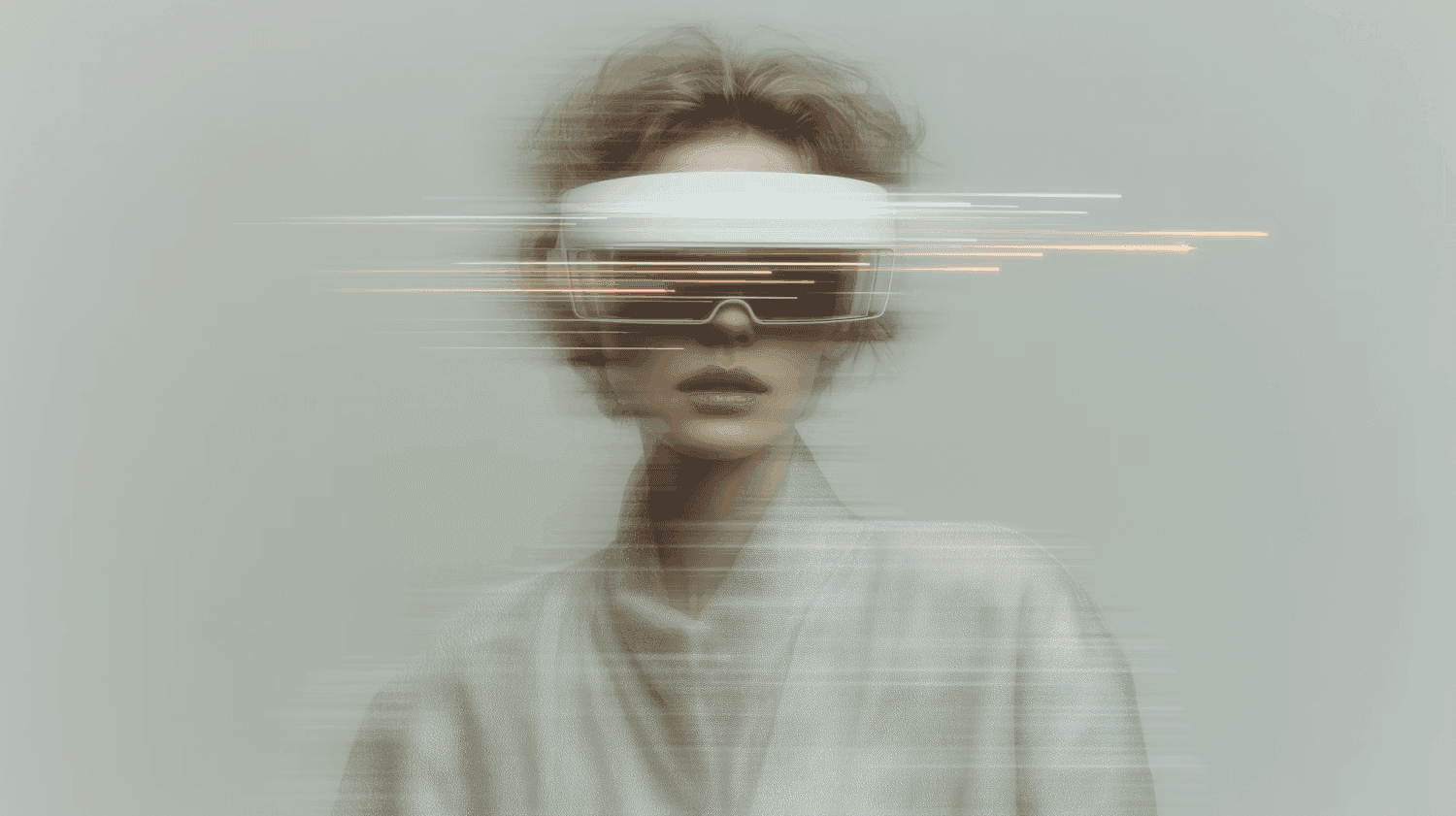 Portrait with futuristic visor glitch effect representing modern technology and development