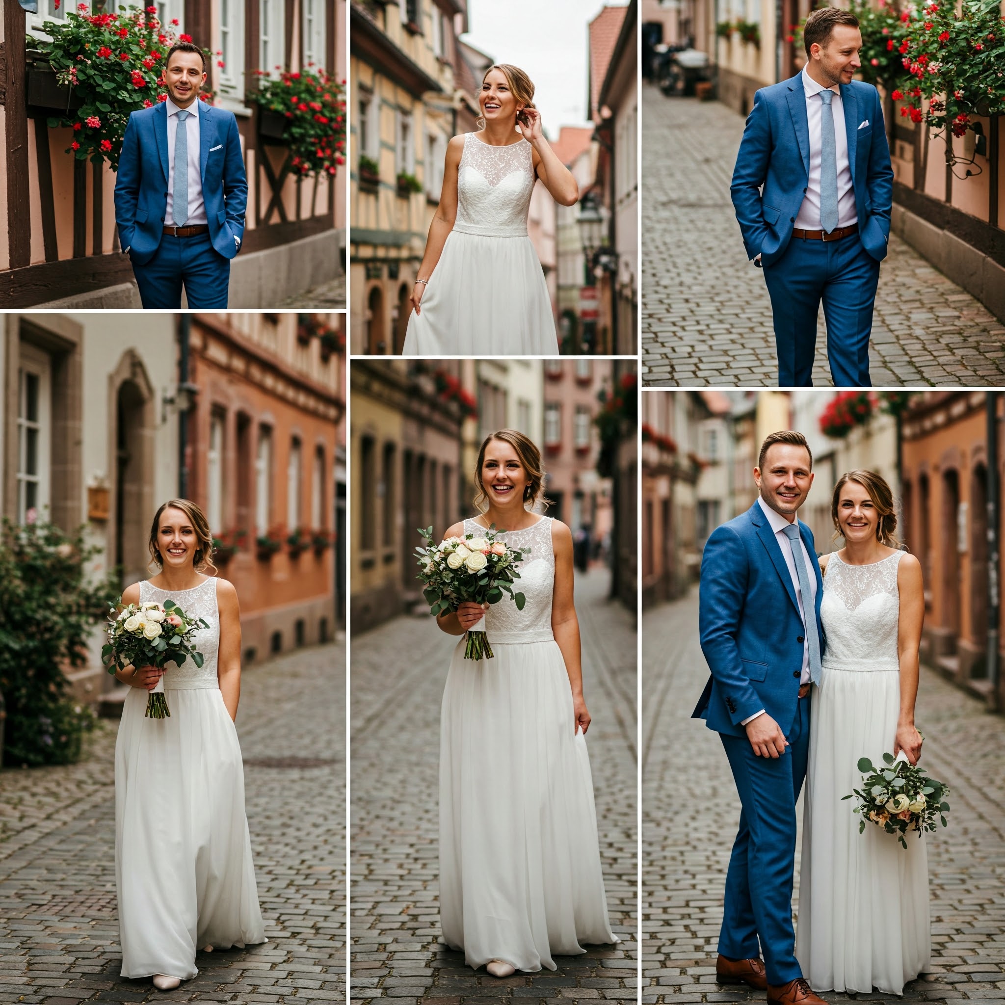 Ein Brautpaar umarmt sich liebevoll vor dem historischen Rathaus von Bingen. Die Braut trägt ein modernes Kleid mit Spitze und der Bräutigam einen lässigen Anzug mit Fliege.