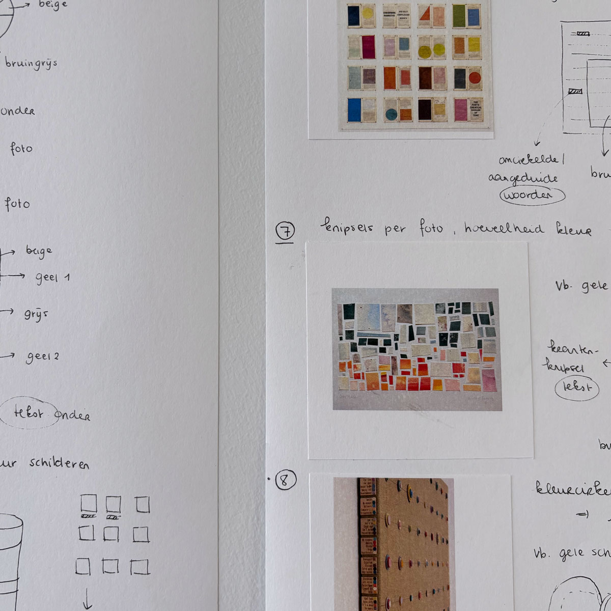 Een detail van een moodboard met inspiratiebeelden. Er zijn kleine foto's te zien van kleurrijke kunstwerken en texturen, vergezeld van handgeschreven tekst in het Nederlands over "knipsels per foto" en "hoeveelheid kleur".