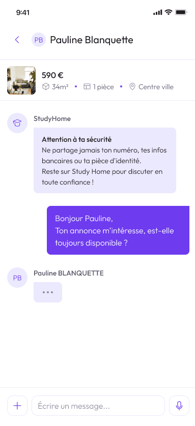 Une interface de messagerie instantanée, au sein de l'application mobile Studyhome.