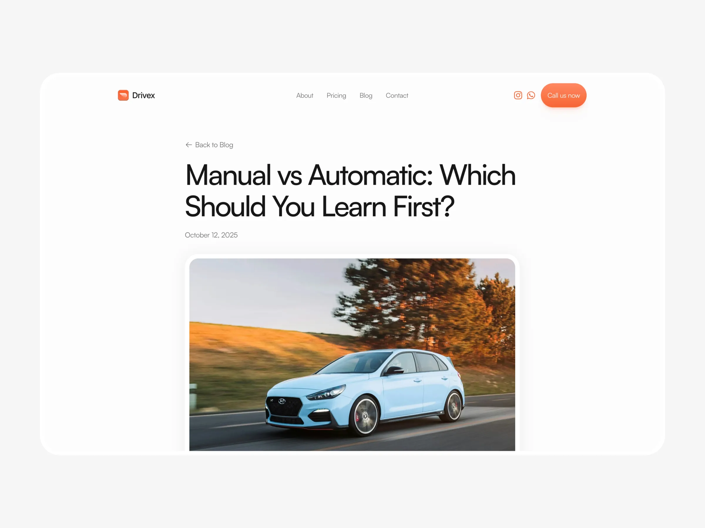 Driving school website template blog article about driving lessons