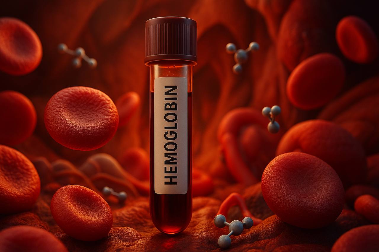 Blood tube labeled Hemoglobin surrounded by red blood cells and small oxygen molecules.