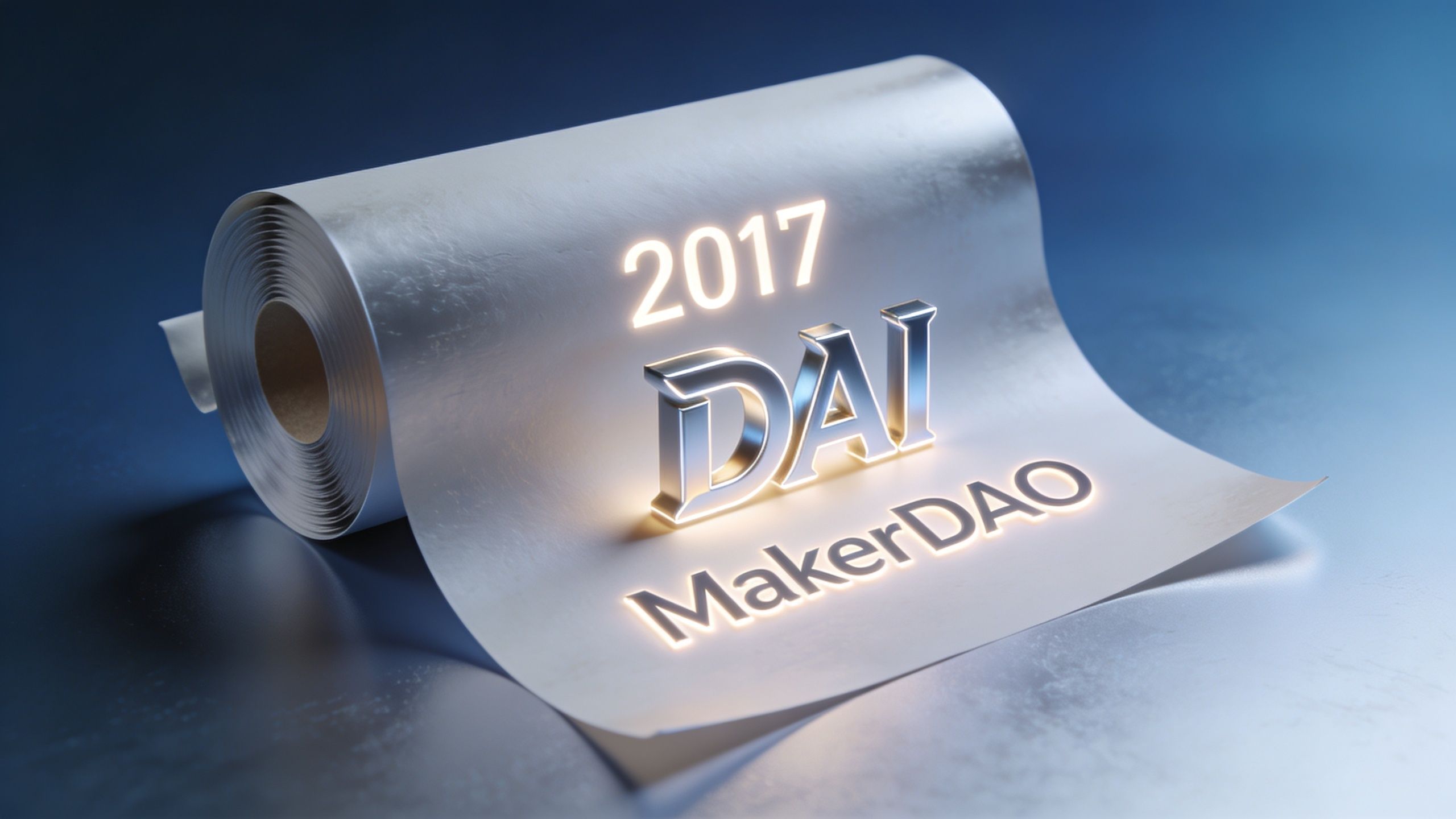 A 3D rendering of the MakerDAO and Dai brand logo on a metal scroll with the year 2017.