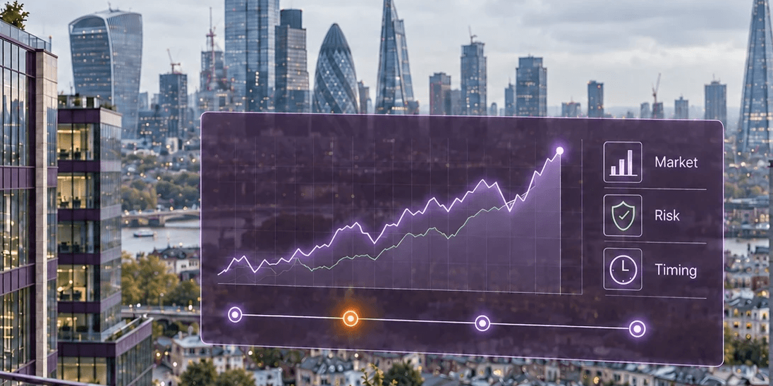 Energy market chart showing price trends, risk and procurement timing over the London skyline.