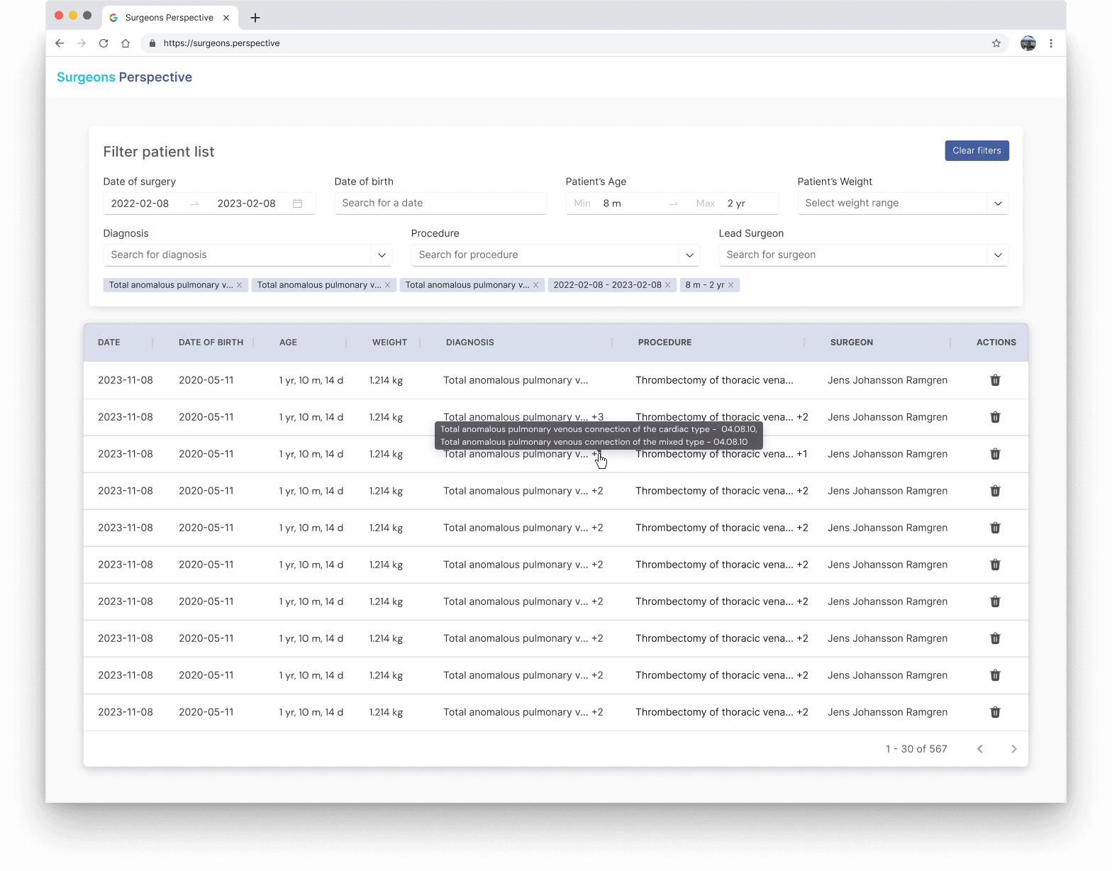 Surgeons perspective patient data view