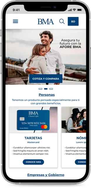 Maqueta de alta fidelidad (mockup) del proyecto 'Banco Mexicano del Ahorro' para smartphone; muestra la interfaz de usuario optimizada para banca móvil, con un diseño que prioriza la claridad en la visualización de saldos y la facilidad en la navegación financiera.