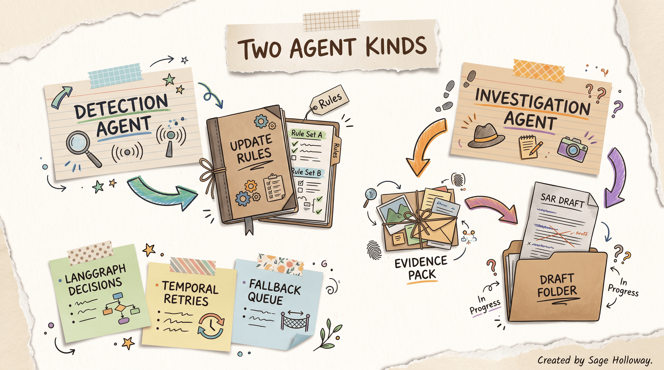 Scrapbook blueprint of detection agents versus investigation agents in financial crime workflows