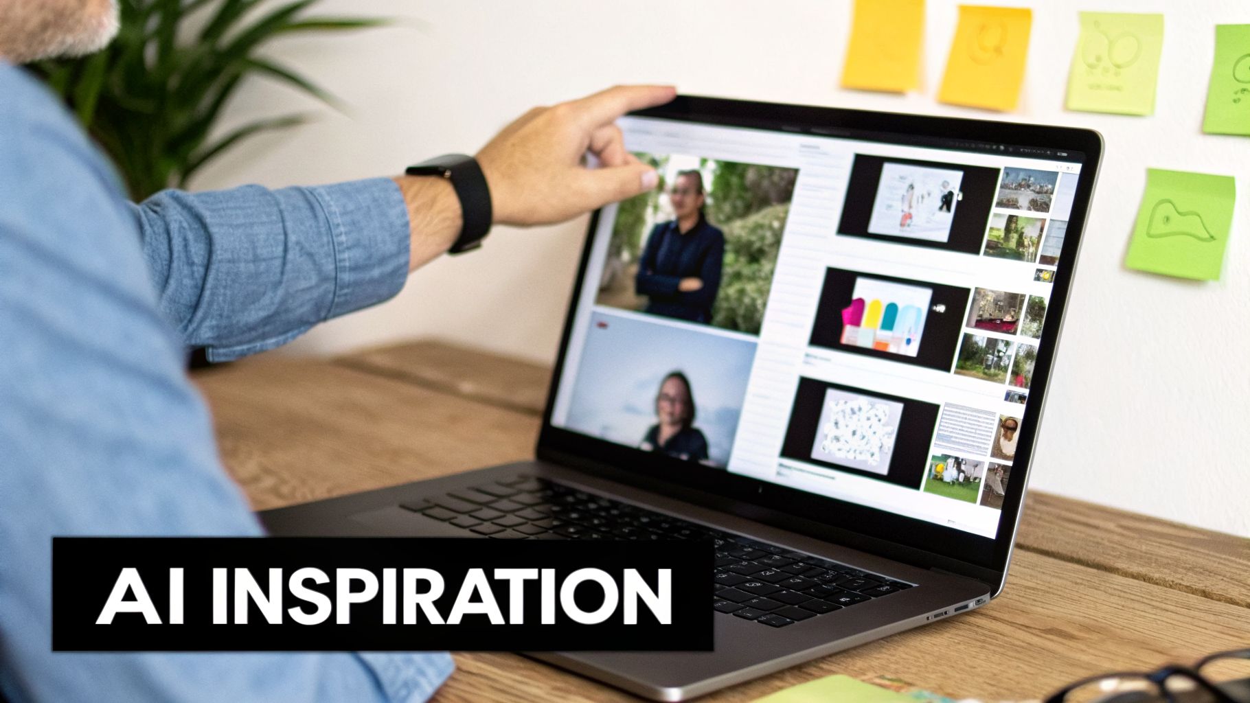Man in denim shirt pointing at a laptop screen filled with web design concepts and inspiration.