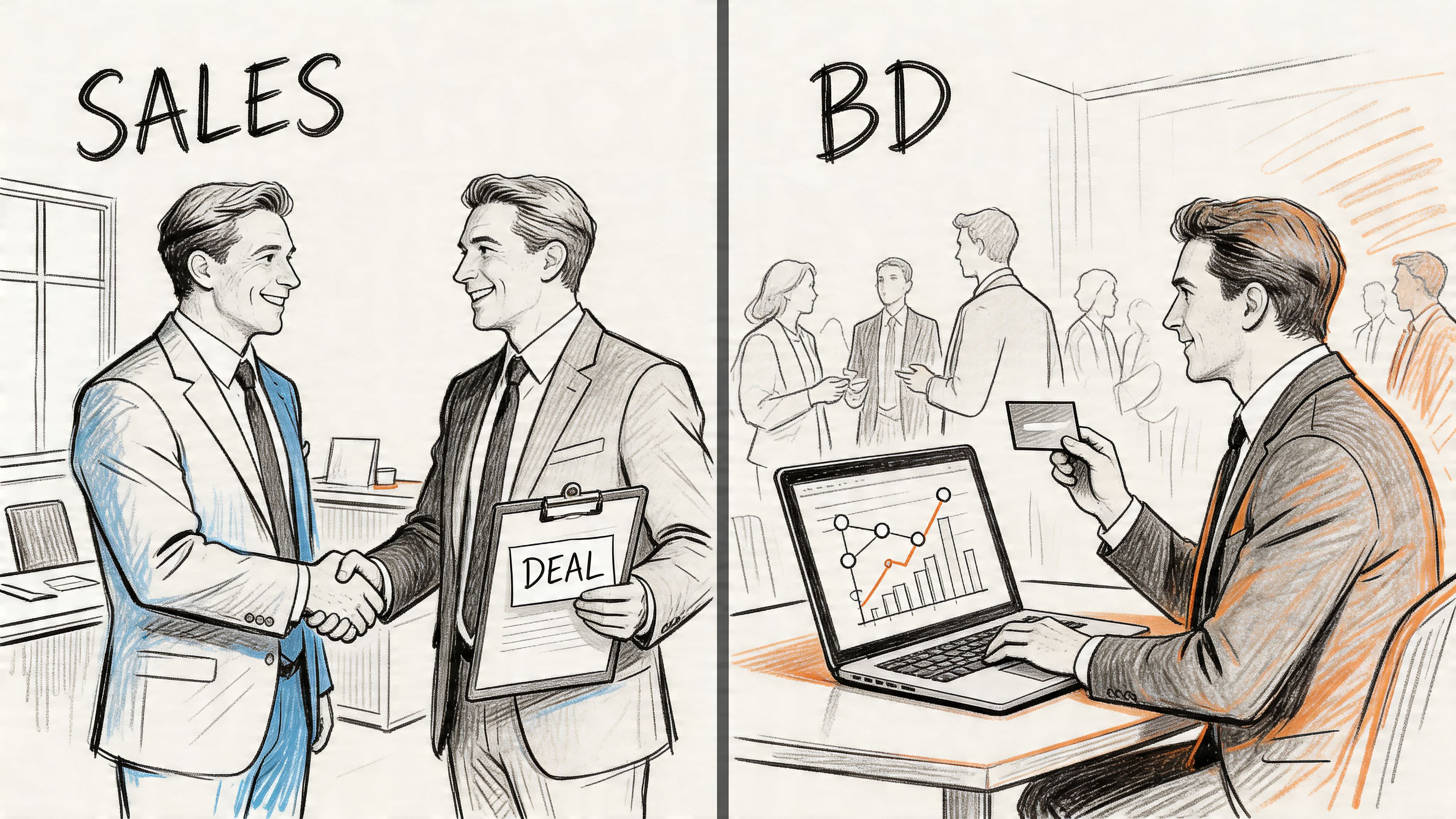 A split illustration comparing a sales handshake with a business development professional working on analytical data.