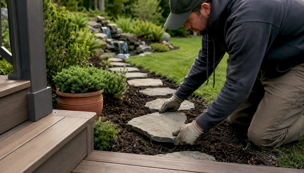 Stepping-stone path connecting deck and garden