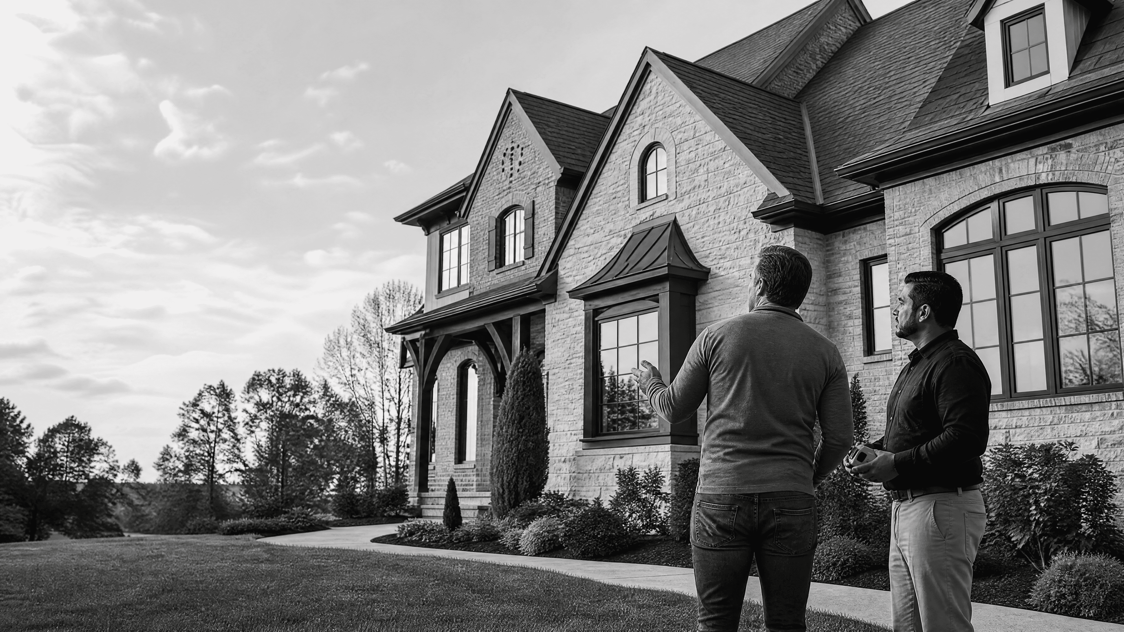 Construction professional and property owner review the exterior of a large residence while discussing the project.