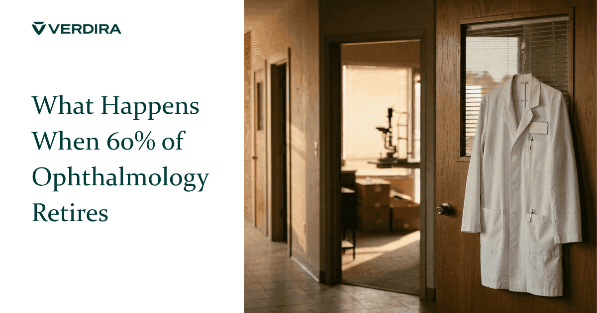 White coat hanging on ophthalmology office door with empty exam room and slit lamp visible through doorway