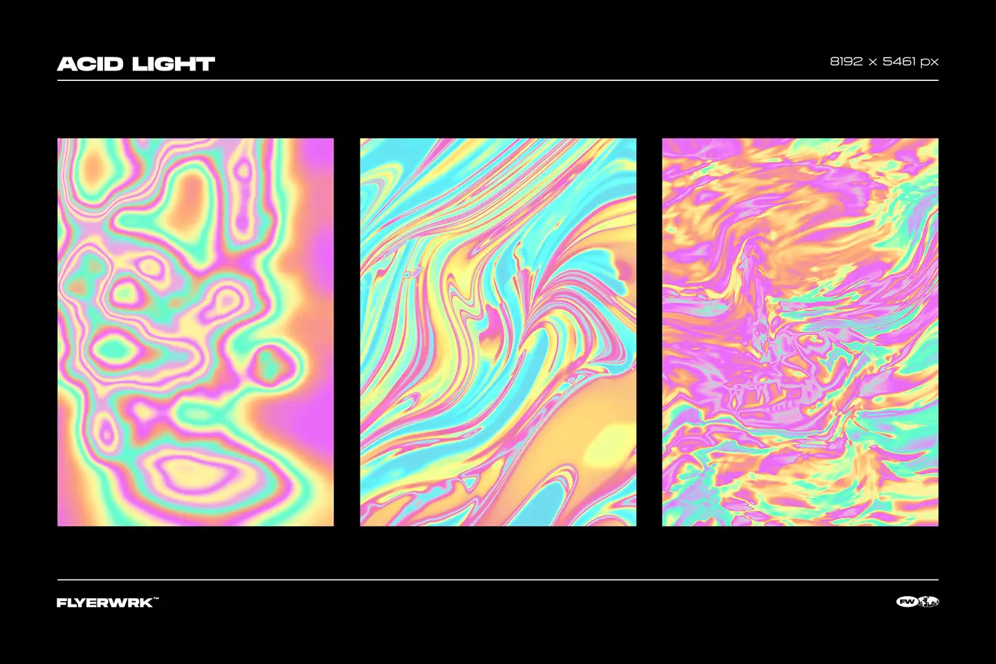 Trippy psychedelic backgrounds featuring acid light textures with bright liquid gradients in pink and yellow