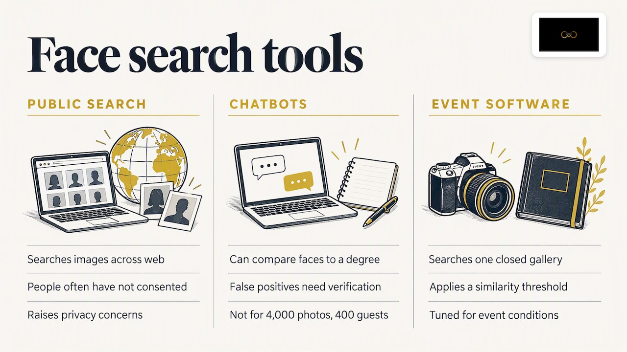 Face recognition, face search engines and chatbots are not the same — overview diagram