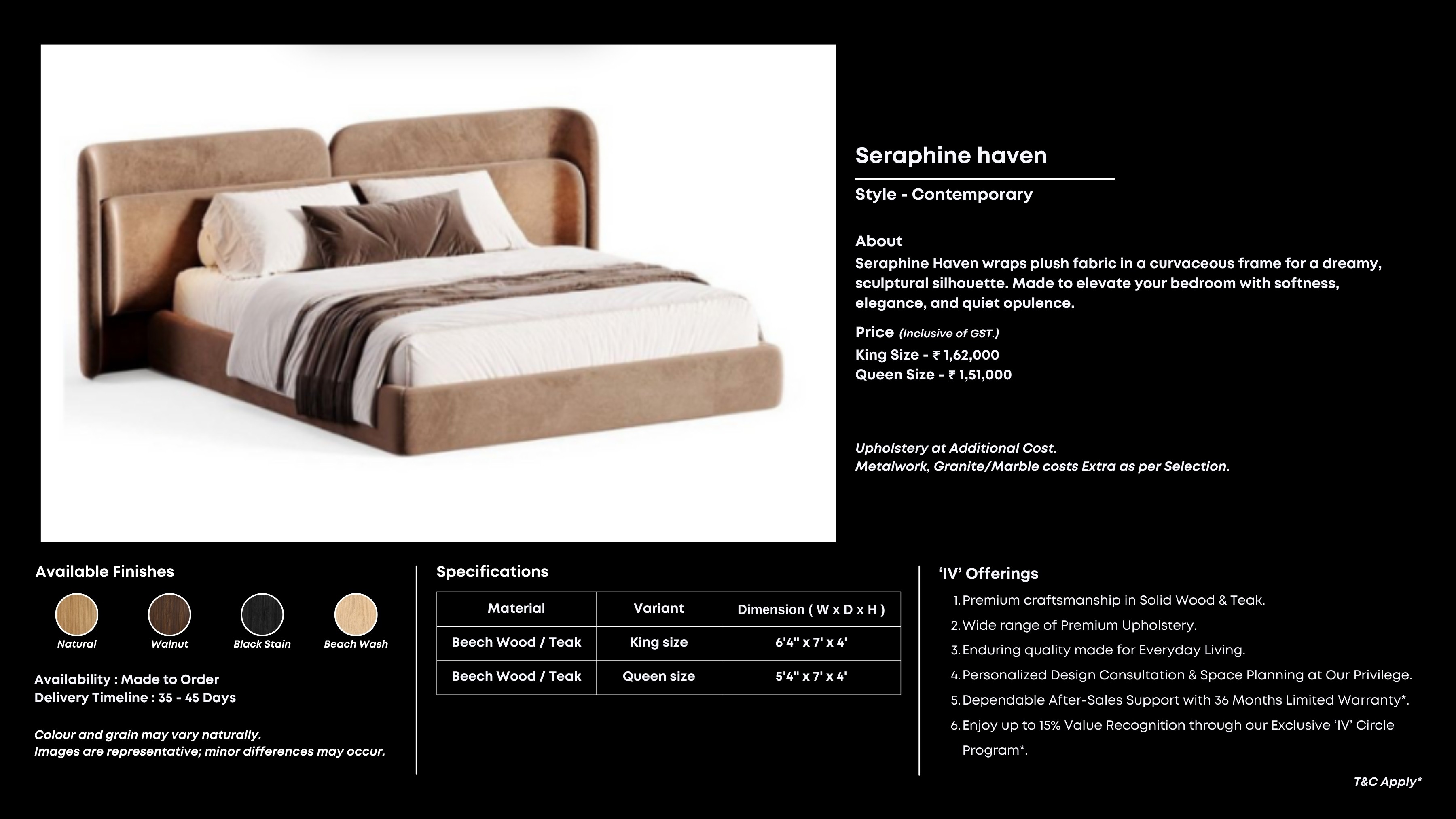Plush beige bed with fluid curves and soft elegance.