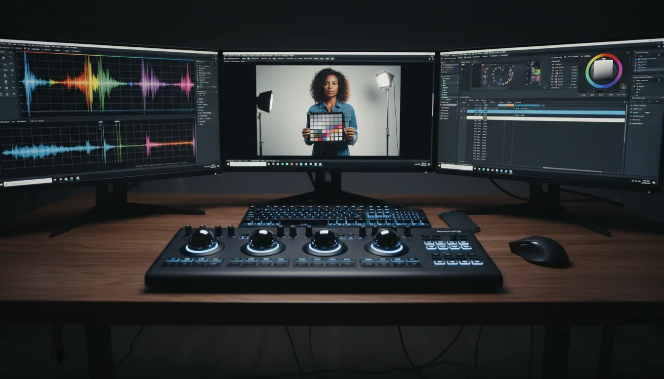 DSLR photograph of a professional video editing and color grading workstation in a dimly lit room, focused on the hardware. The setup includes a triple-monitor display, with the screens showing the user interface for DaVinci Resolve, including colorful waveforms, vectorscopes, and a video preview of a woman holding a color checker chart. In the foreground, a Blackmagic Design DaVinci Resolve Mini Panel with three trackballs and multiple knobs sits prominently on the desk in front of a backlit keyboard and an ergonomic mouse. The scene has cinematic contrast lighting, with the glow from the screens and keyboard illuminating the matte black texture of the high-end equipment.