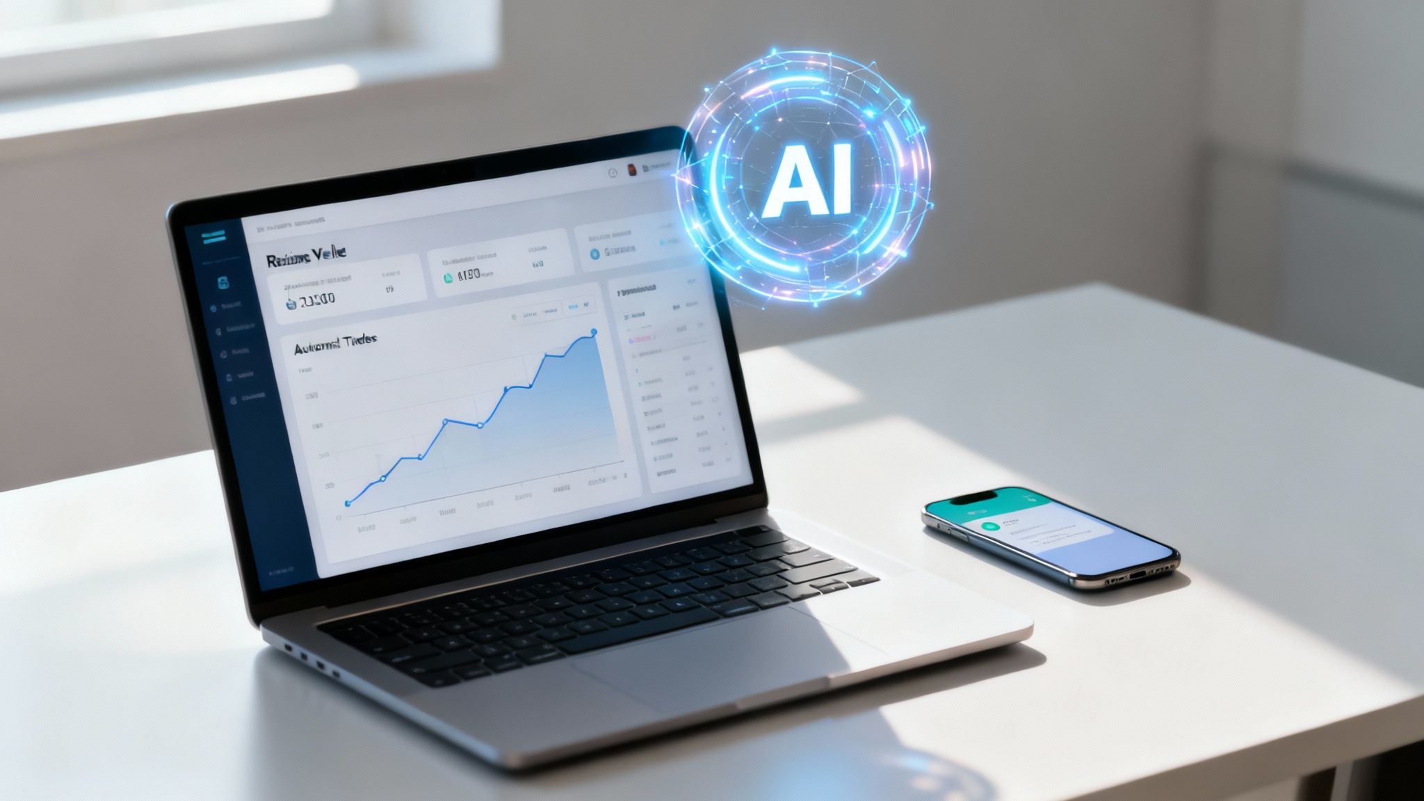 A laptop displaying charts and data with an AI hologram, next to a smartphone on a desk.