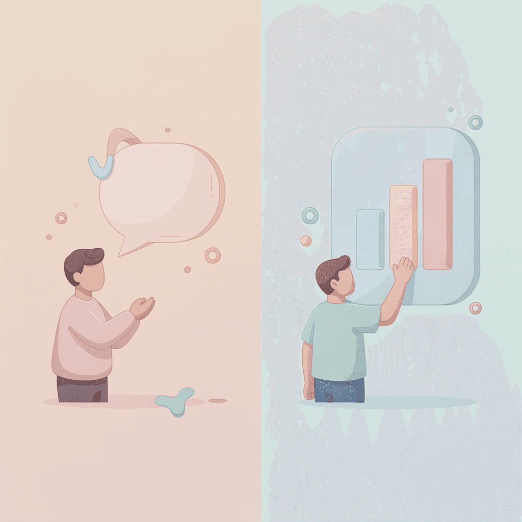 Split scene showing contrast between passive studying and active speaking practice