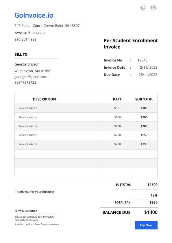 Per Student Enrollment Invoice