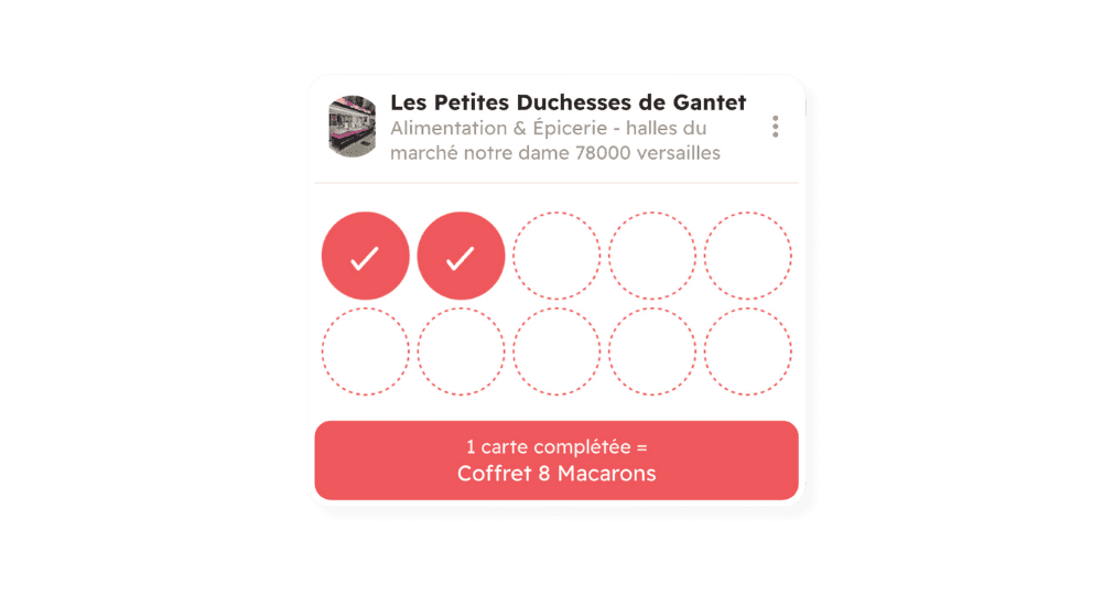 Exemple de carte de fidélité numérique Gling pour le commerce « Les Petites Duchesses de Gantet », illustrant le cumul de tampons et les offres clients.