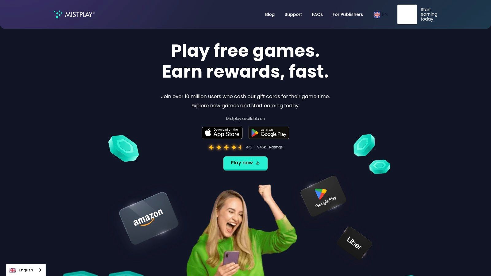 A screenshot of the Mistplay app interface showing various mobile games available for users to play and earn rewards.