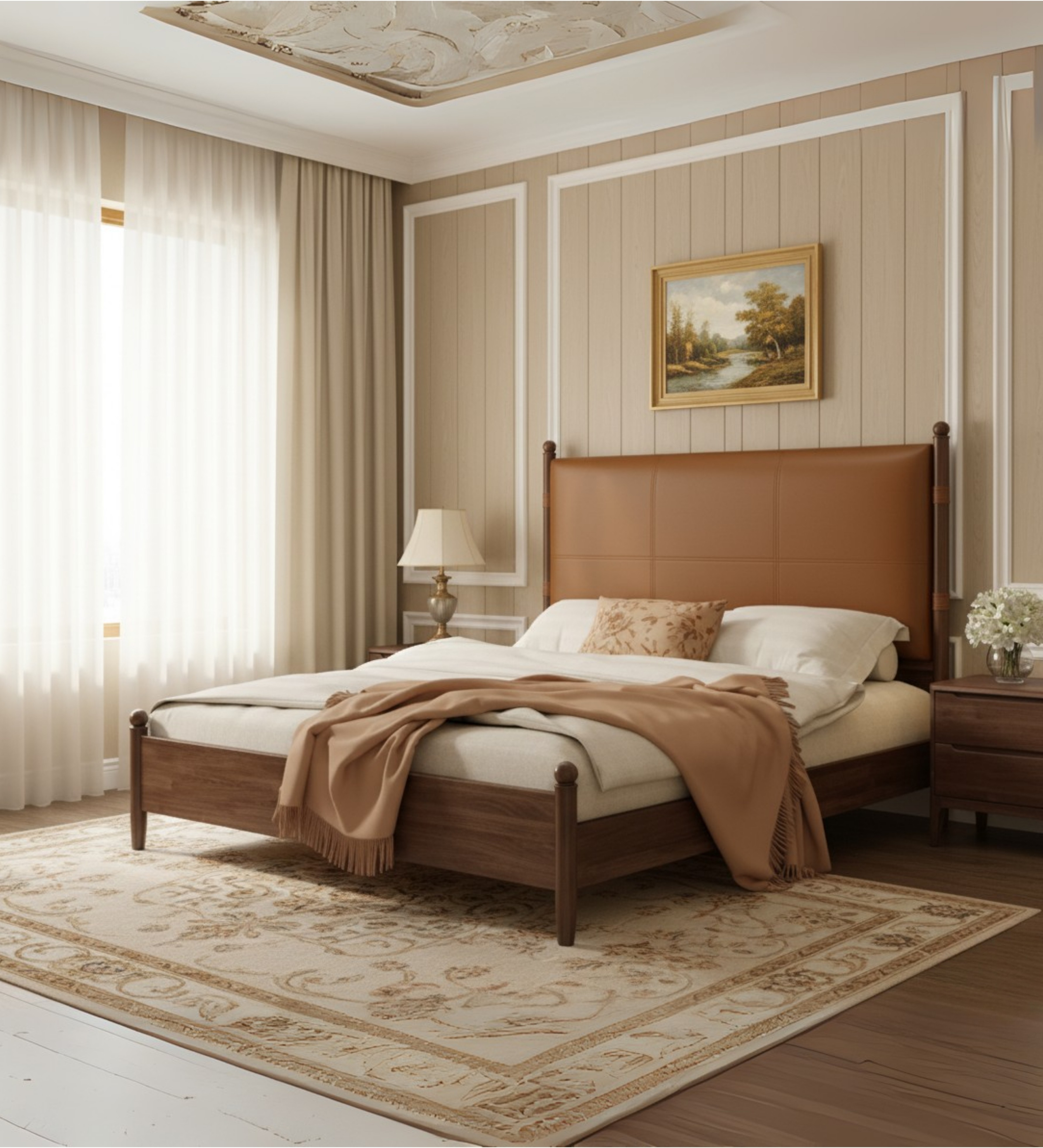 An elegant sectional sofa styled with warm accent cushions in a modern setting