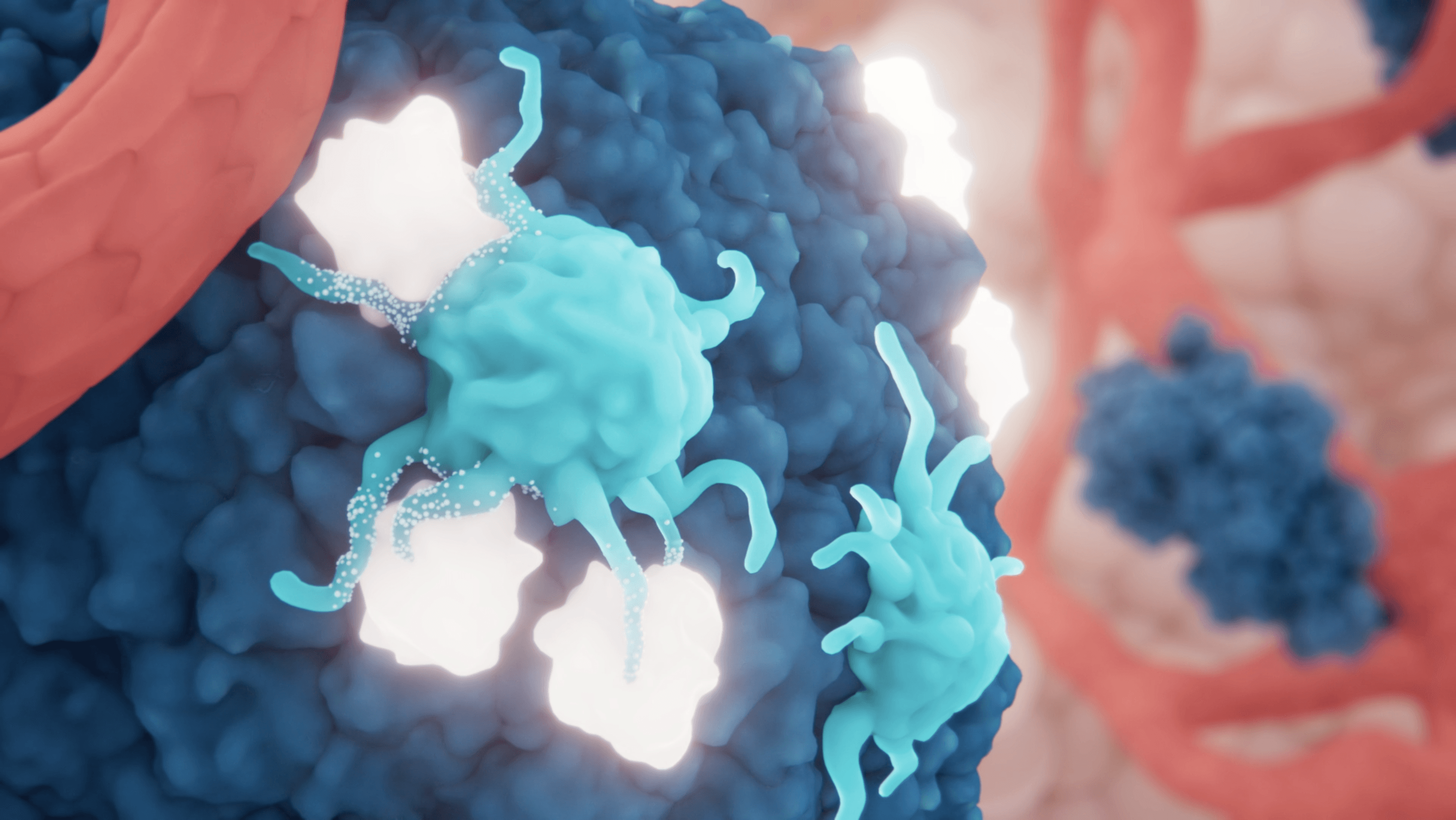 3D visualization of an antigen-presenting cell interacting with tumor-associated antigens within the tumor microenvironment.