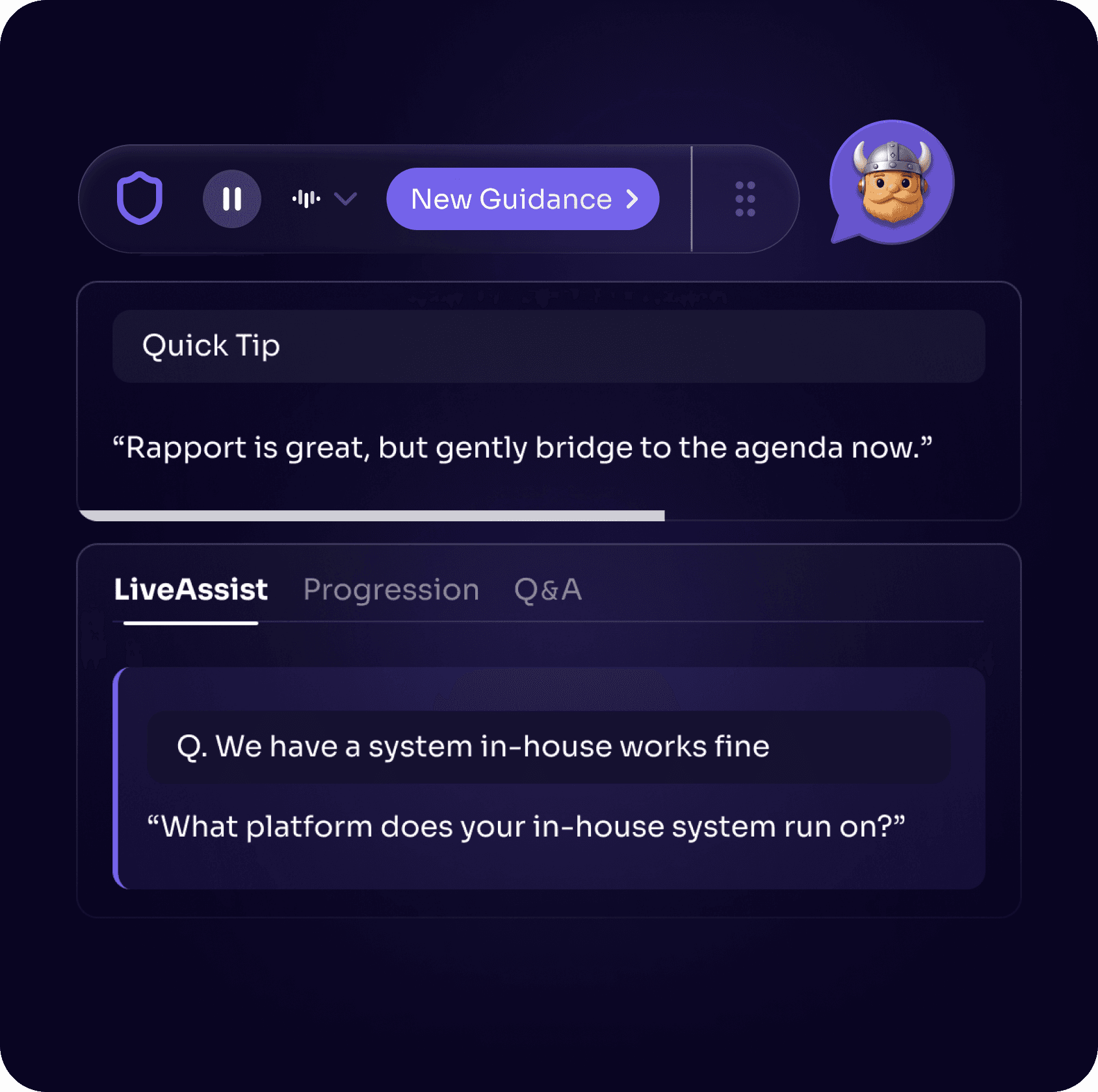 Live transcript chat interface with AI-powered sales guidance and suggestions