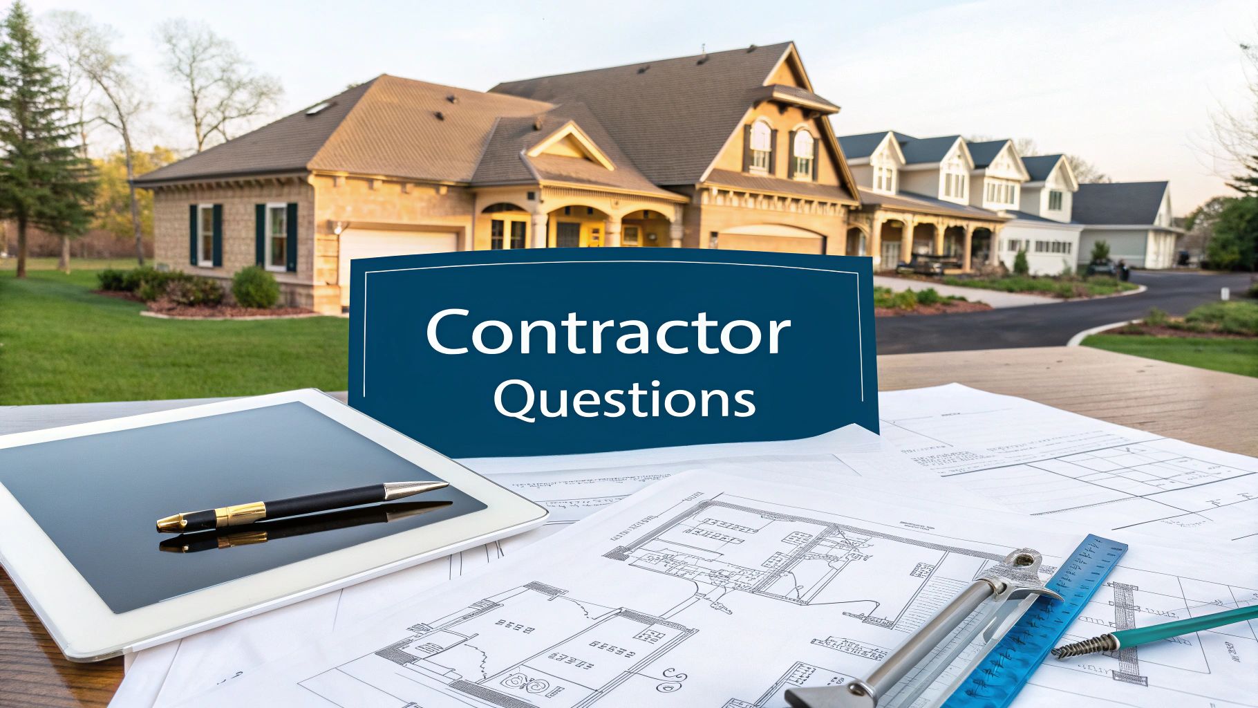 a workbench with building plans in front of a large hom eand blue sign reading 'contractor questions'