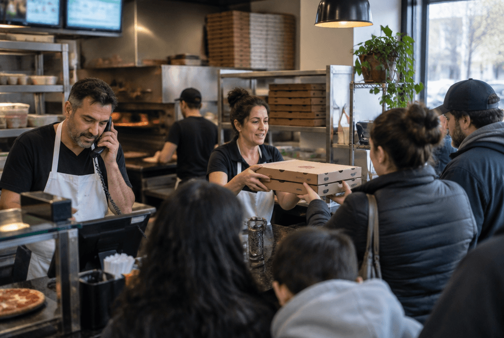 Busy family pizzeria with owners taking phone orders and handing boxes to customers