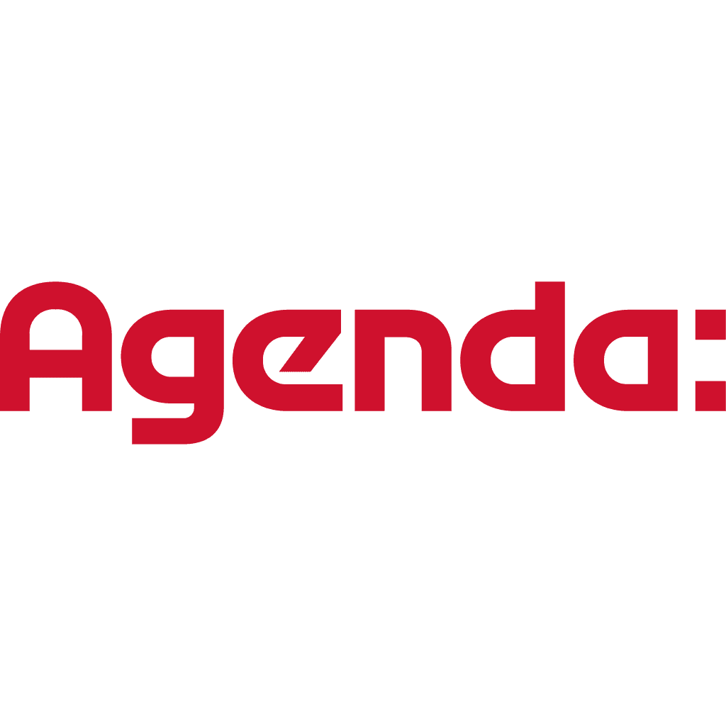 Text image featuring the word "Agenda:" in bold red letters against a gray background.