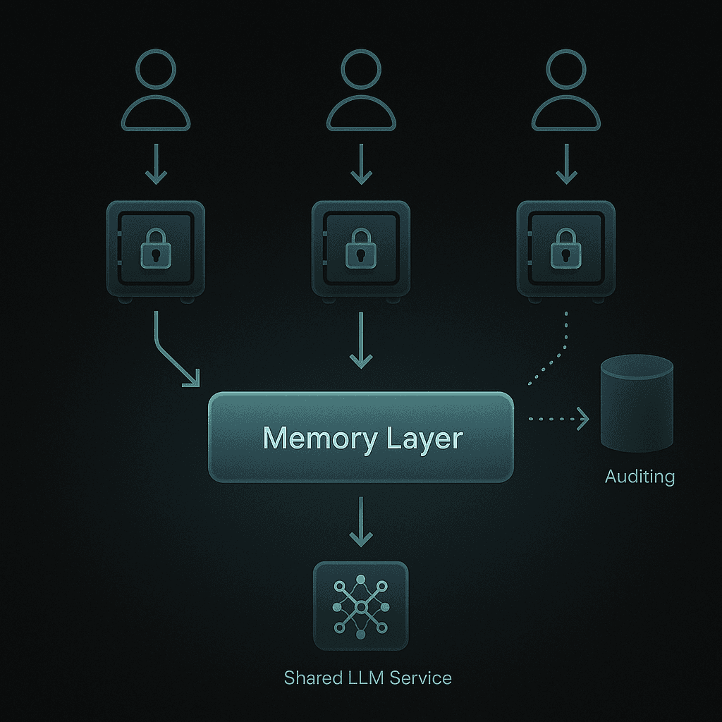 Diagram of tenant-isolated memory architecture with separate stores feeding a shared LLM.