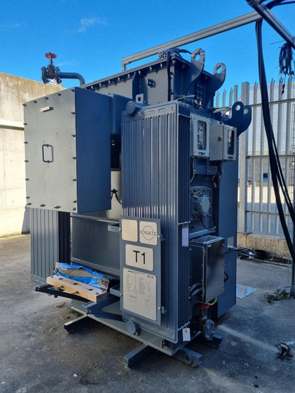 One of IONATE's grid-scale Hybrid Intelligent Transformers at an independent testing facility, prior to installation at a pilot site.