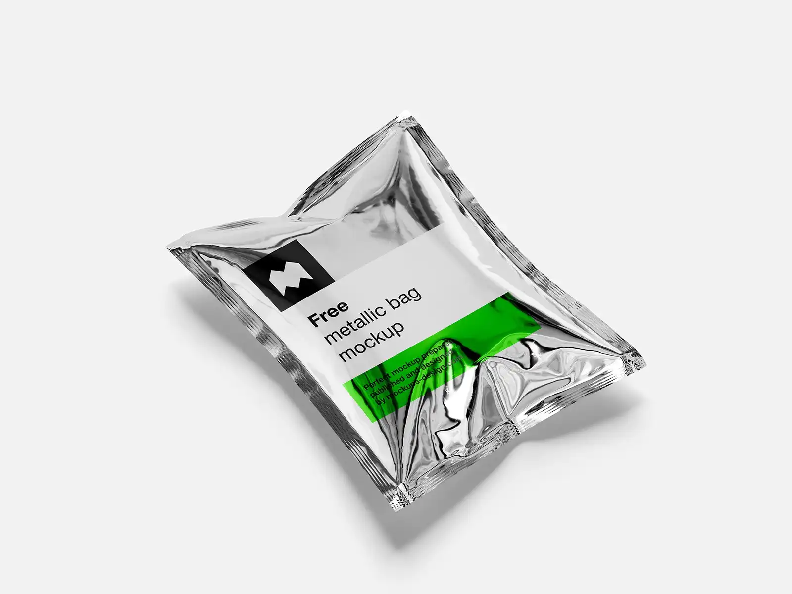 Shiny metallic bag mockup with a crinkled texture, placed on a white background. The packaging features a clean design with a bold green accent, ideal for snack or product branding.