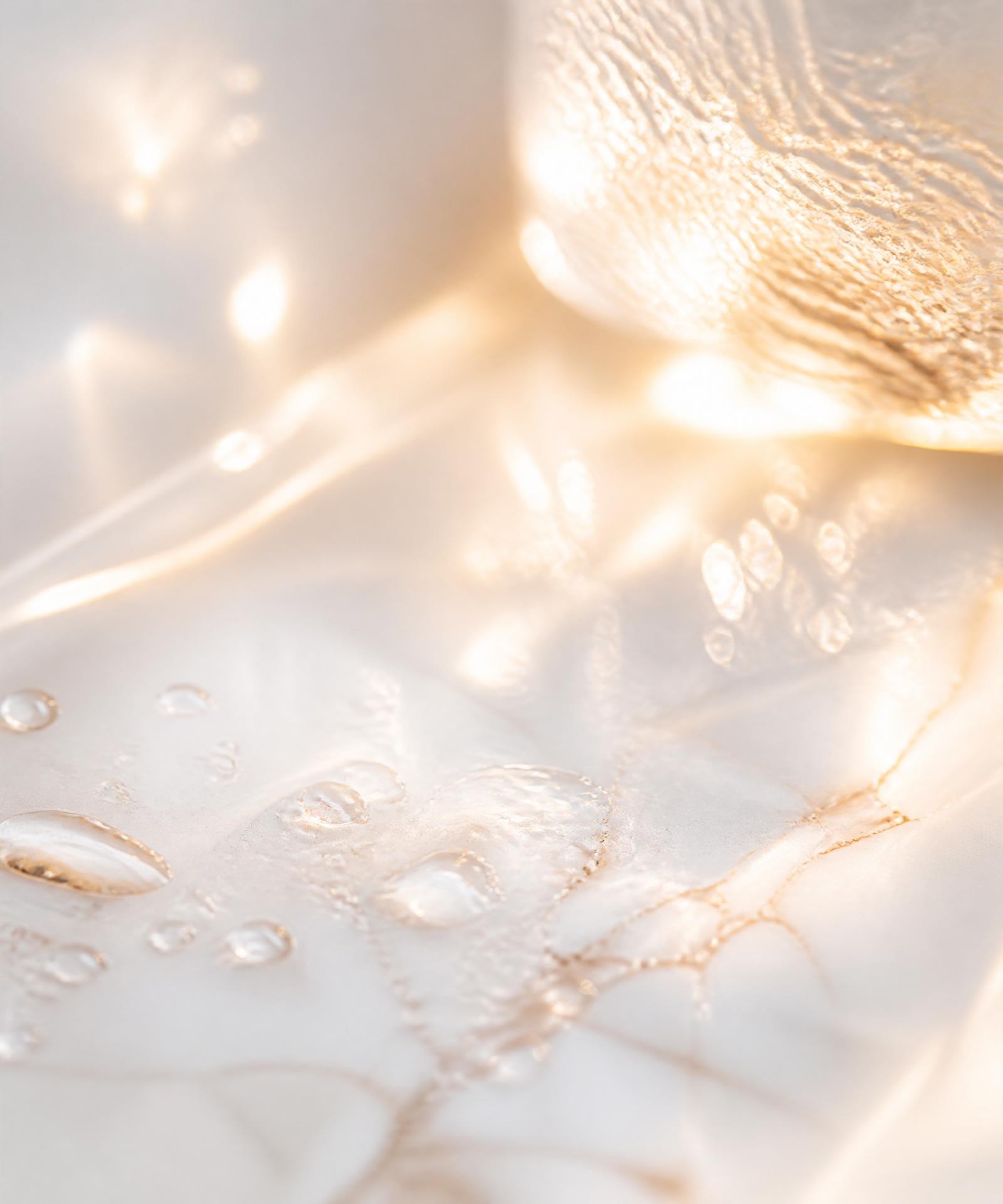 Soft champagne light on water droplets, warm and luminous