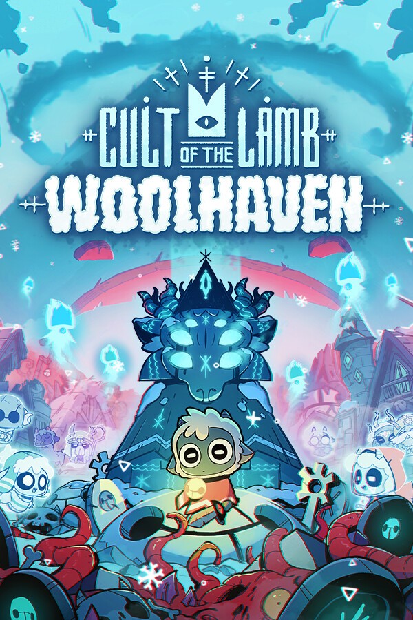 Visuel de l’extension Cult of the Lamb: Woolhaven : l’Agneau devant une créature couronnée de glace.