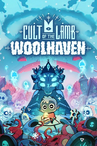 Visuel de l’extension Cult of the Lamb: Woolhaven : l’Agneau devant une créature couronnée de glace.