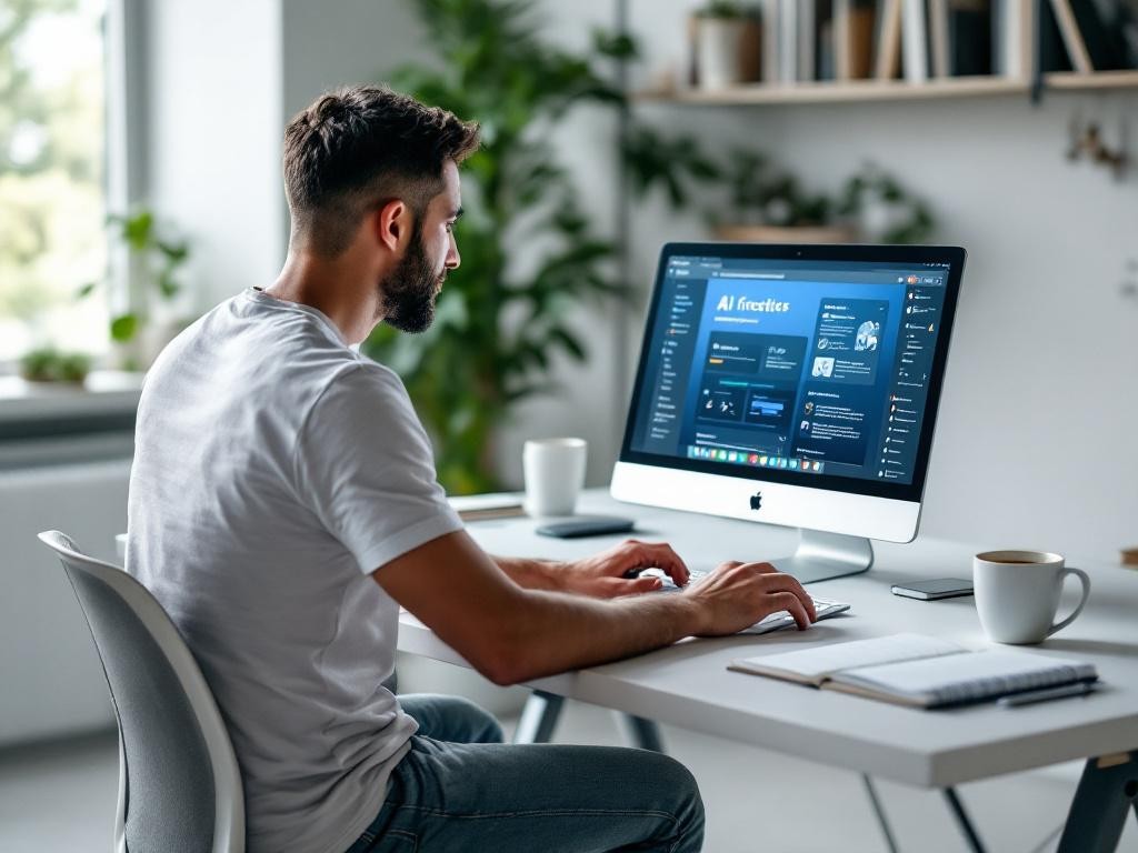 Une personne utilisant un ordinateur pour créer du contenu avec l'aide de l'intelligence artificielle, dans un espace de travail moderne et créatif