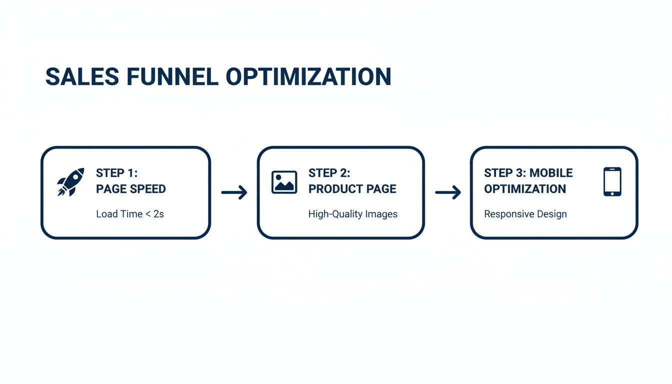 Infographic showing three steps to optimize a sales funnel, including page speed, product images, and mobile design.