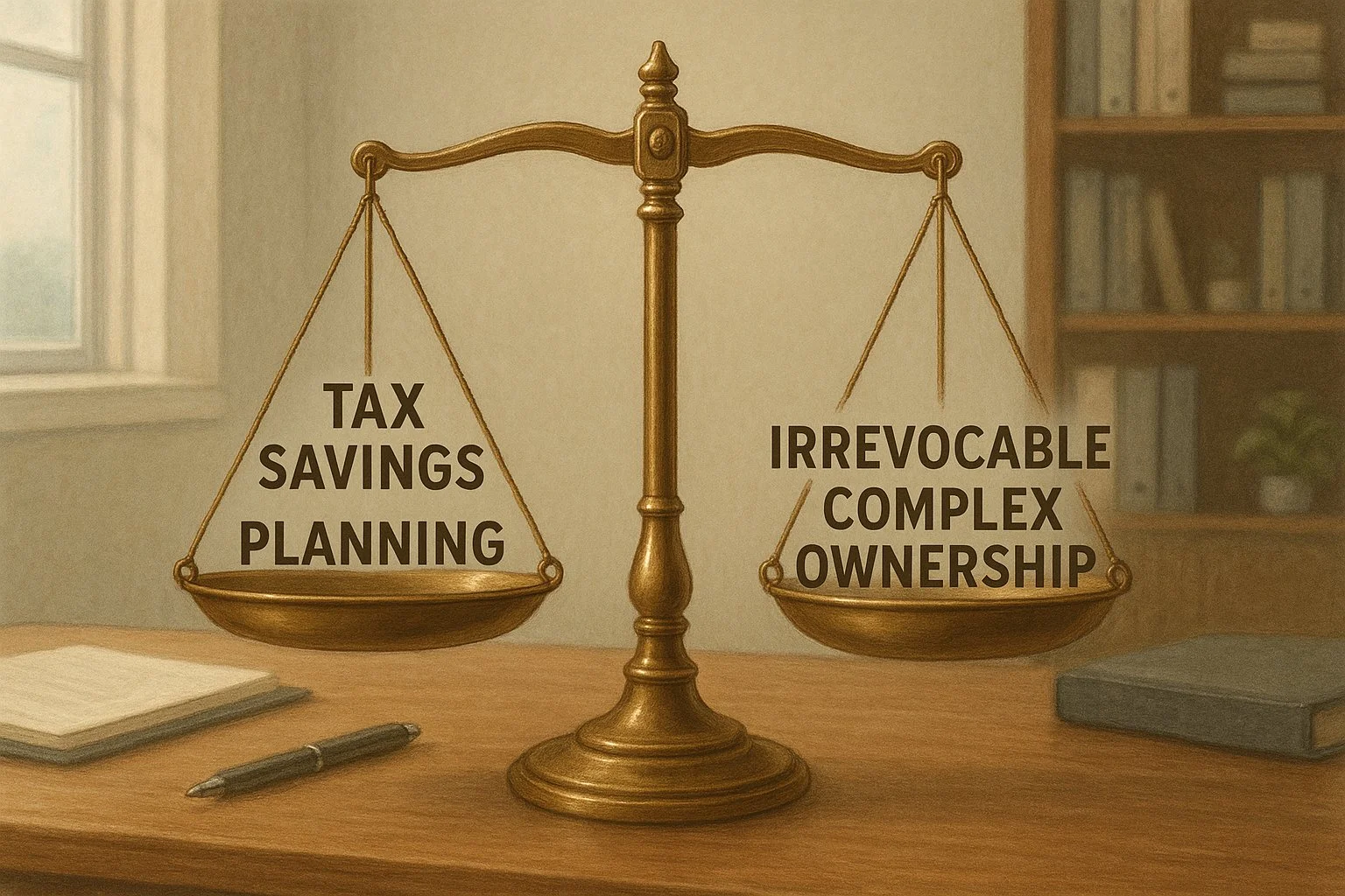 Balanced scale showing pros like tax savings and planning on one side, and cons like irrevocable and complex ownership on the other, set in a realistic office background.