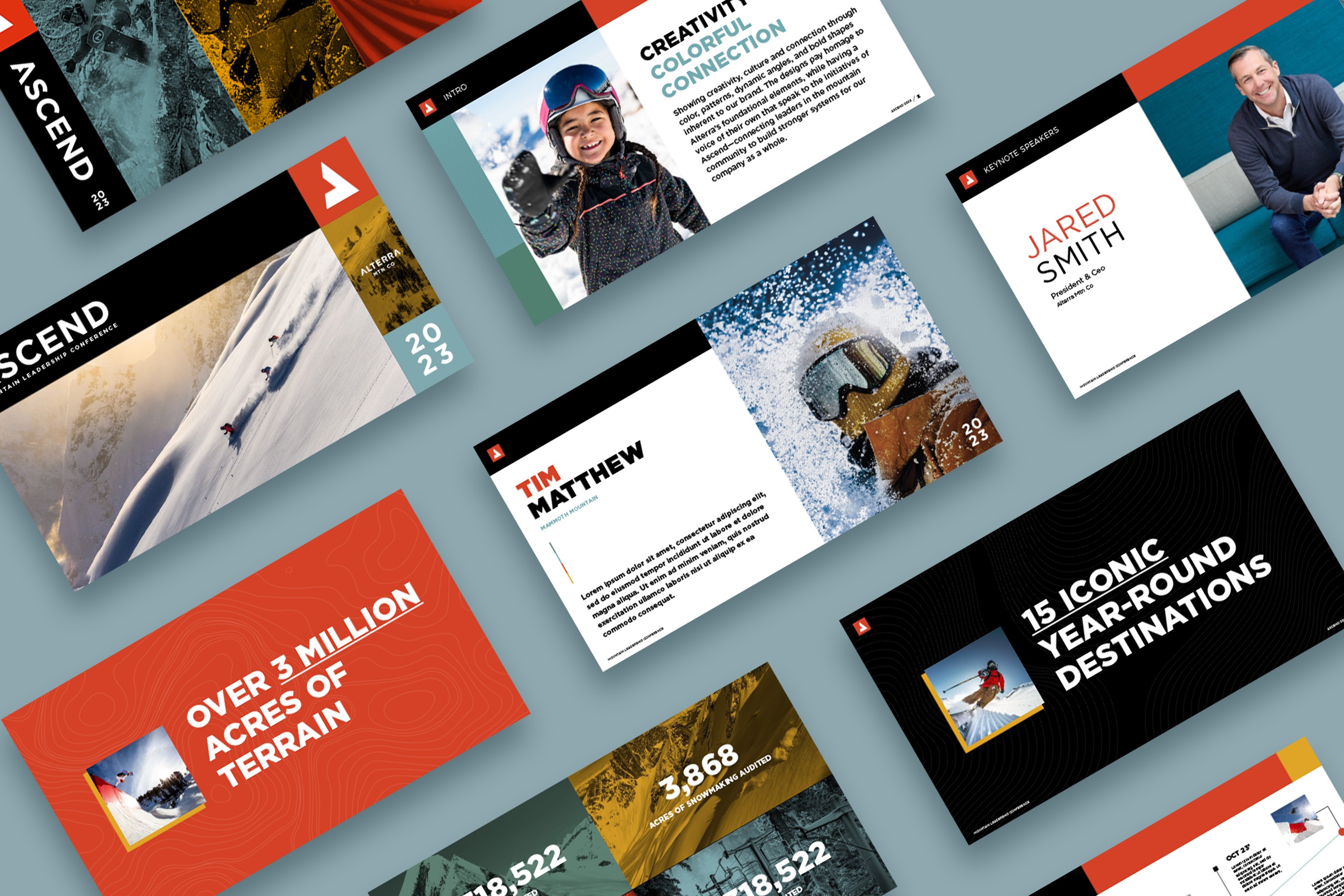 Alterra Ascend conference event branding inspired by mountain keynote and speaking spreads for the event presentation