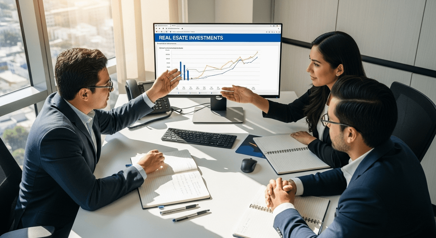 A valley with small buildings surrounded by snow-capped mountains.