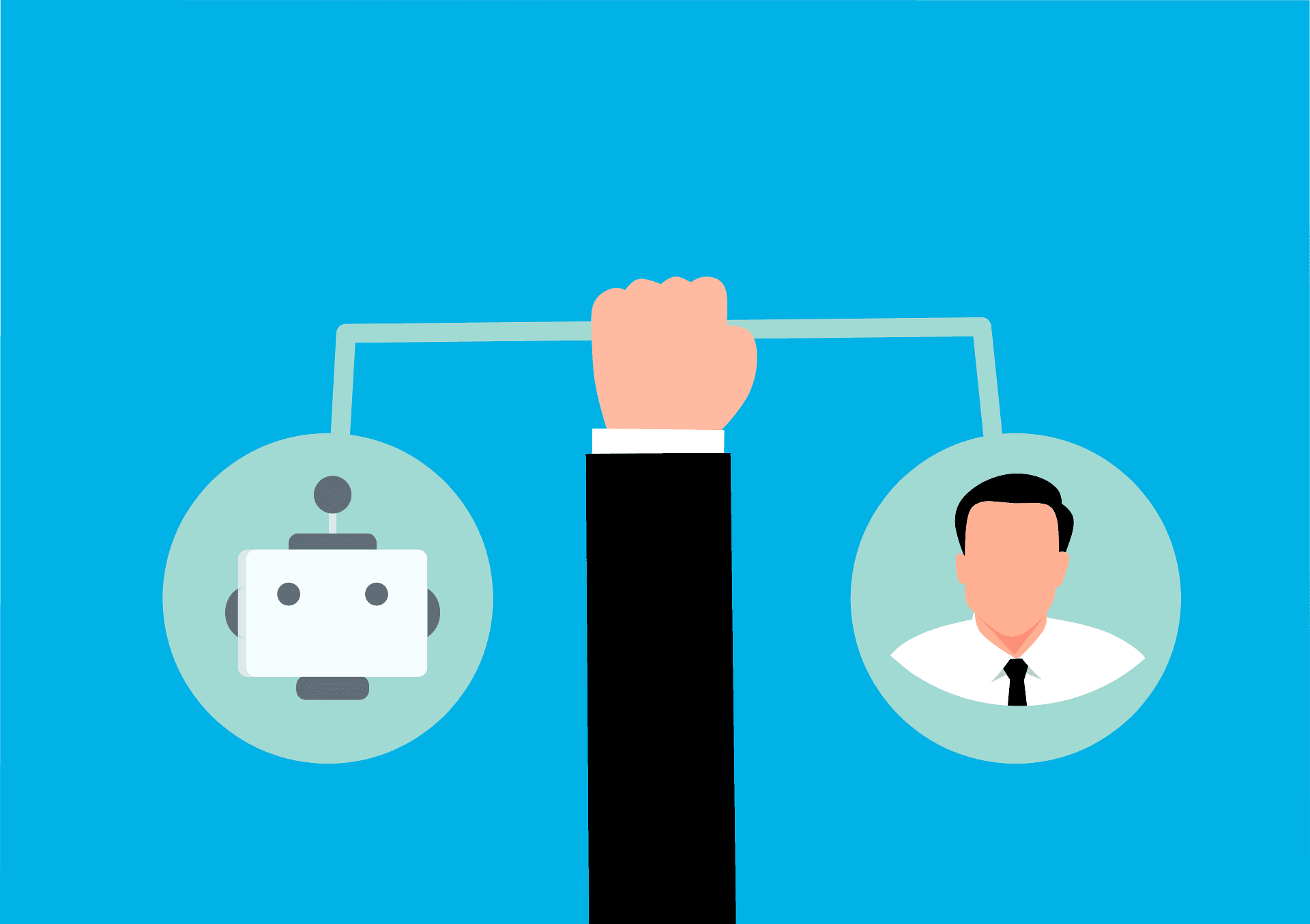 Illustration of a hand balancing a scale, with a robot icon on one side and a human figure on the other, symbolizing the comparison between artificial intelligence and human decision-making.