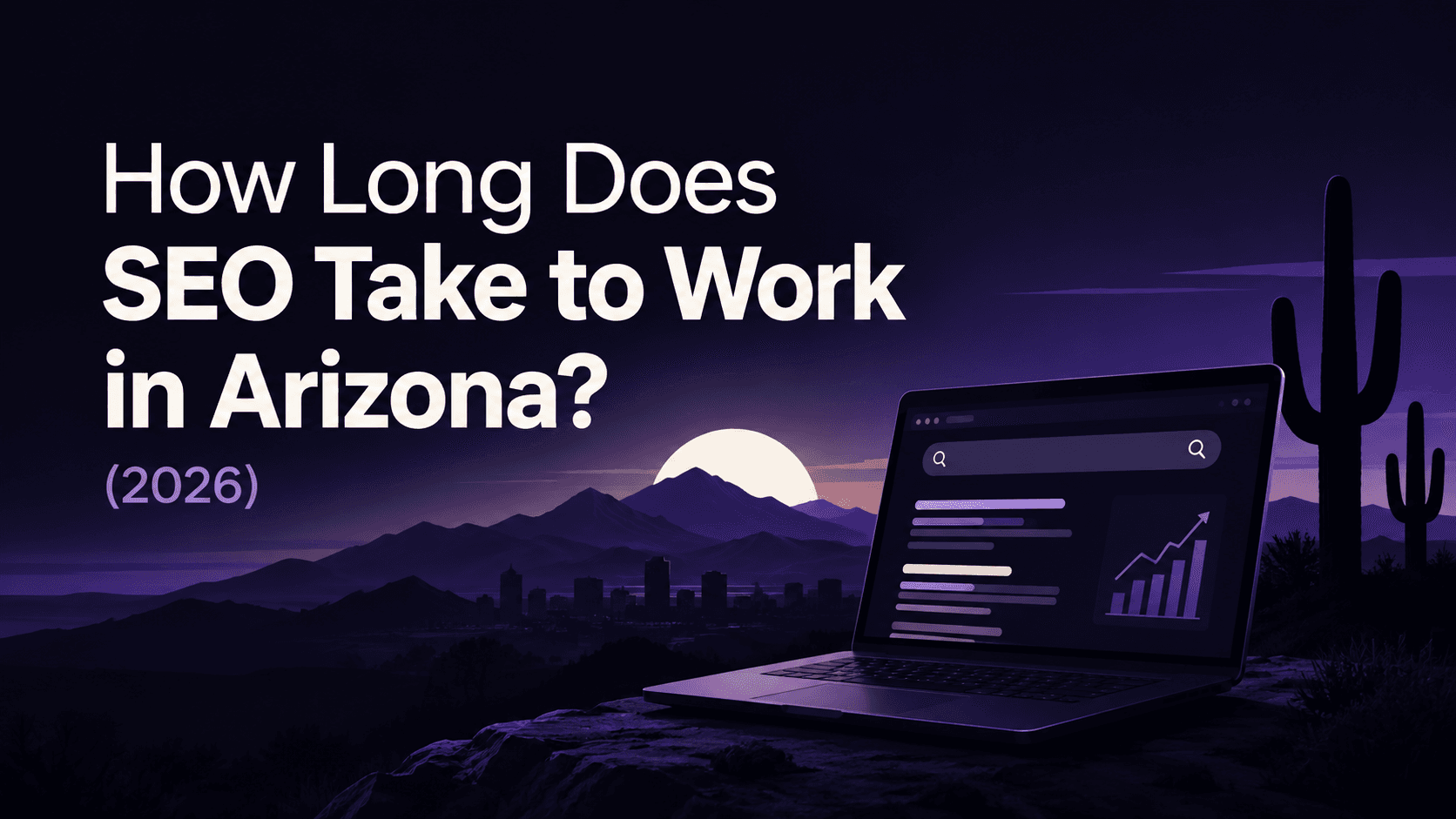 How long does SEO take to work in Arizona? 2026 guide showing Arizona desert landscape, laptop with SEO analytics, search rankings, and growth chart.