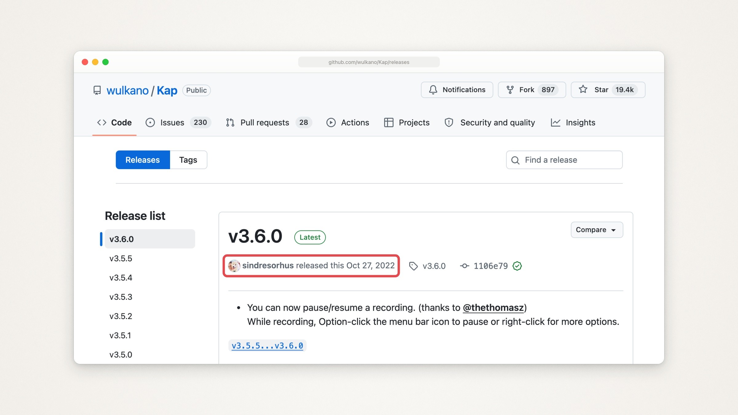 Kap’s GitHub releases page: version 3.6.0, marked Latest, released on Oct 27, 2022, with the note You can now pause/resume a recording, and a red box around the line with the release date