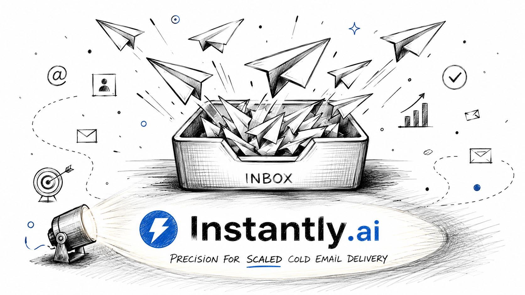 A hand-drawn illustration showing paper airplanes flying into an inbox, with the Instantly.ai brand logo featured prominently.