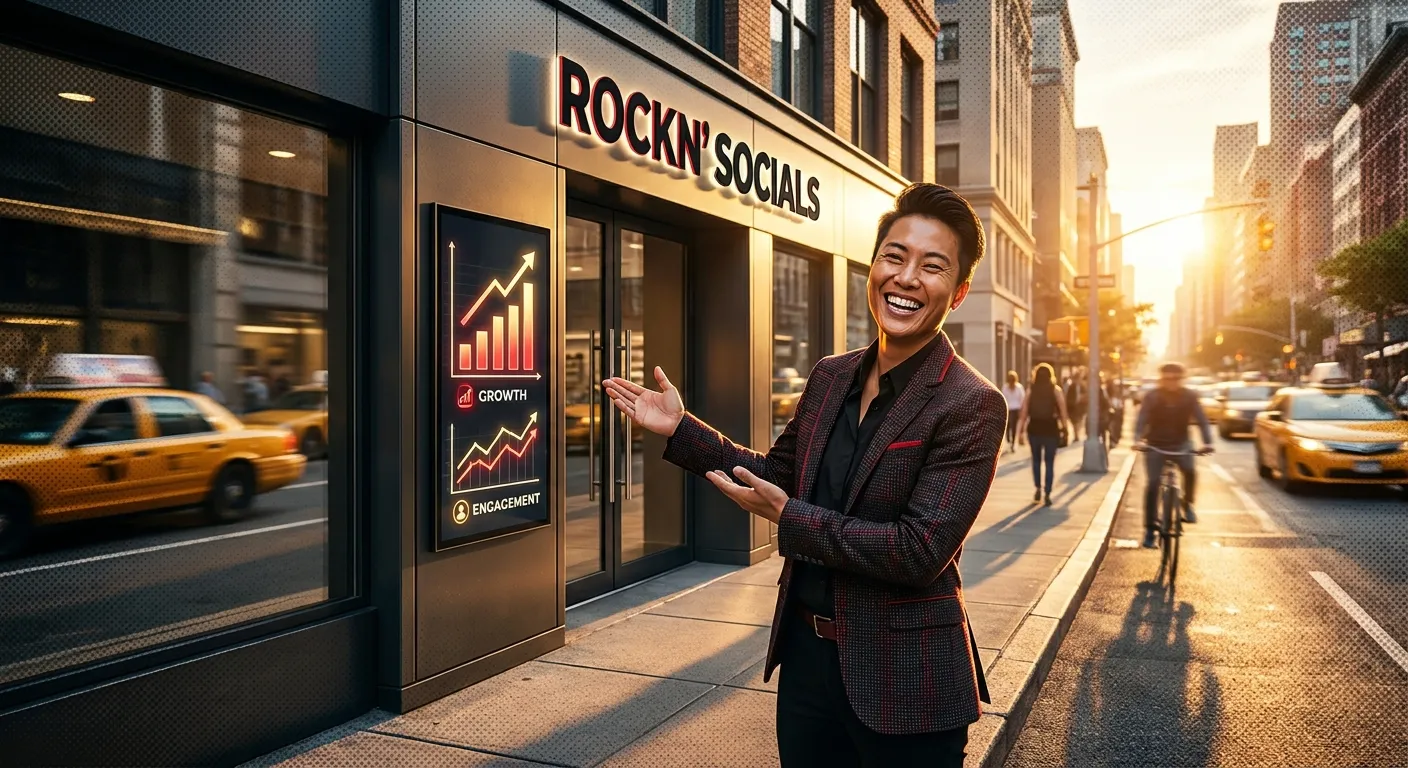 Smiling person in front of RockN' Socials Digital Marketing Agency building.
