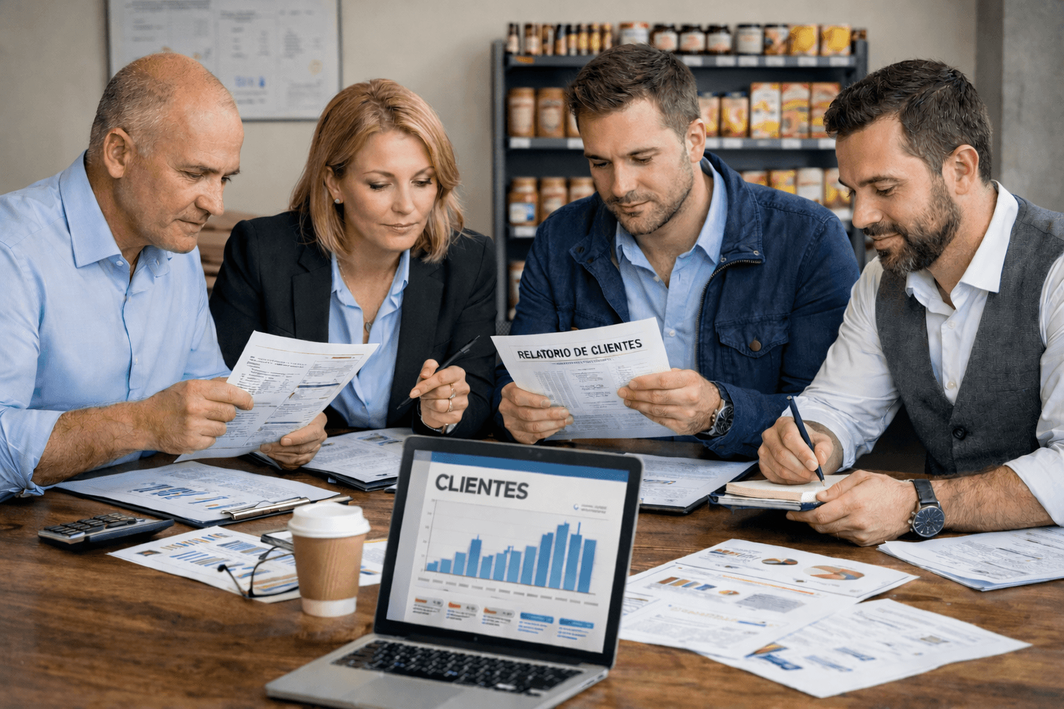 Time de vendedores do setor alimentício em sala de reunião analisando dados e relatórios de clientes B2B, com laptop e documentos sobre a mesa e prateleira discreta de produtos alimentícios ao fundo.