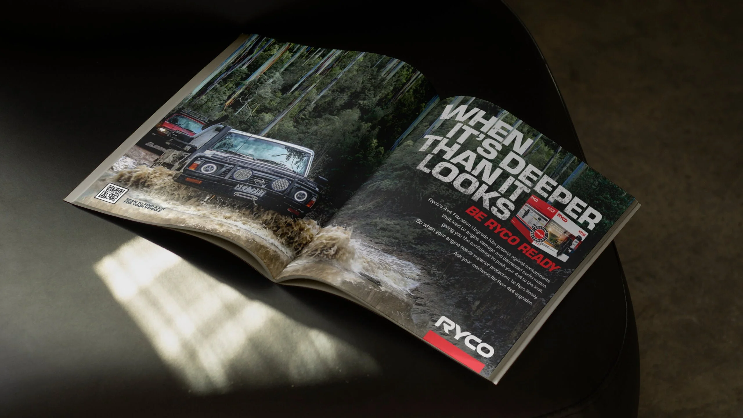 Magazine spread for Ryco filters: 'When it's deeper than it looks. Be Ryco ready.' with a 4WD splashing through a muddy creek
