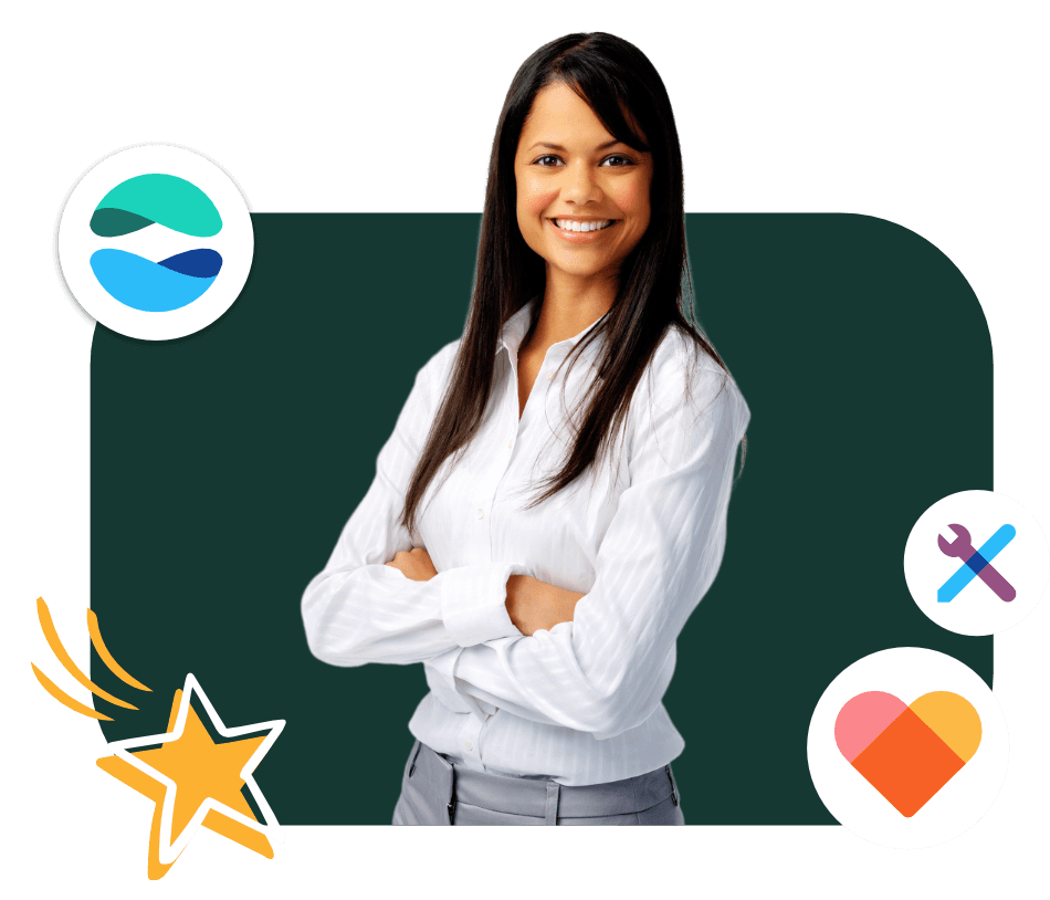 Odoo business professional working on a laptop with digital invoice and analytics icons representing efficiency software